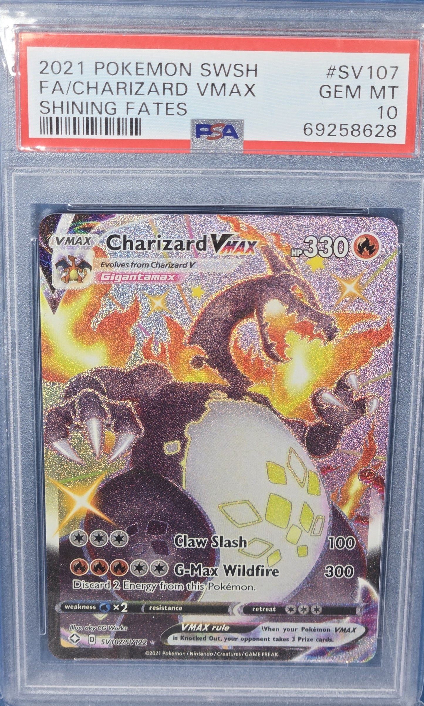 2021 Pokemon Sword & Shield Shining Fates Sv107 Full Art/charizard Vmax PSA 10