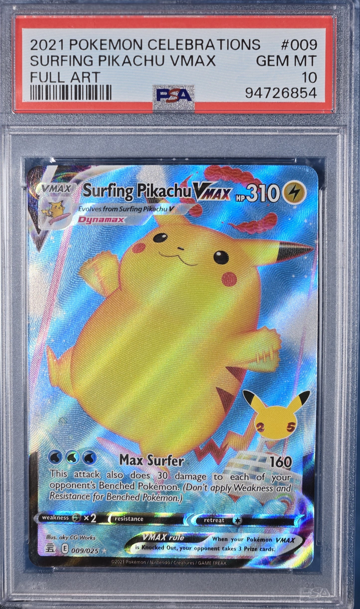 2021 Pokemon Celebrations 009 Full Art/surfing Pikachu Vmax PSA 10