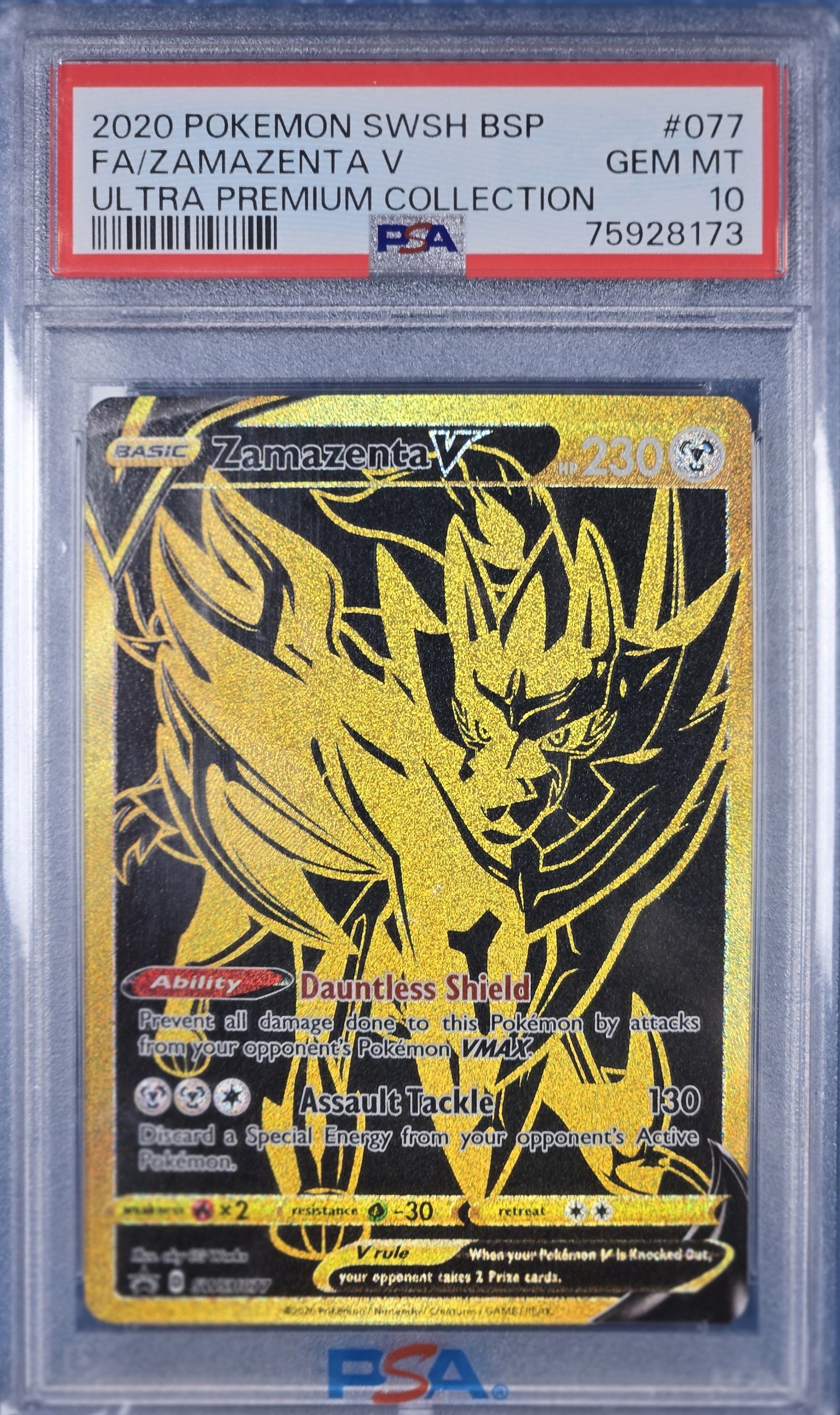 2020 Pokemon Swsh Black Star Promo 077 Full Art/zamazenta V Ultra Premium Collection PSA 10